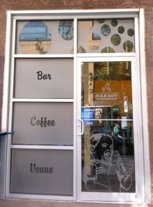 Frosted Crystal window graphics for MilkBoy's 11th & Chestnut location